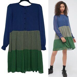 Resume Colorblock Gingham Dress Size 40 Med/LG Tiered Frock Long Sleeves Sophia